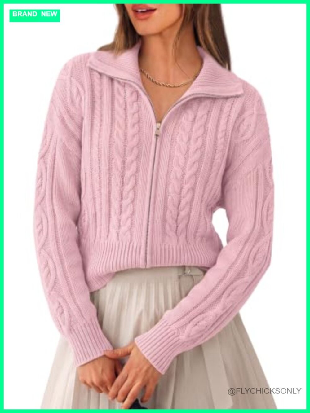 Cable Knit Cropped Zip Cardigan Sweater with Puff Sleeves